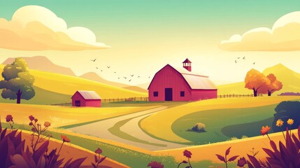 Canvas Print - A red barn nestled among rolling hills and a winding path.