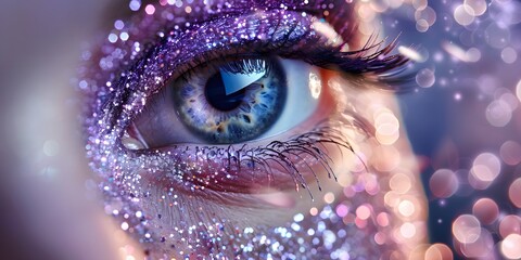 Wall Mural - Eye with purple glitter makeup in close-up.