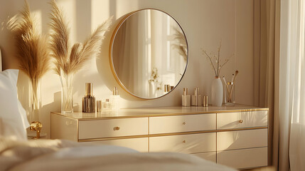 Bedroom Interior Design with White Dresser and Gold Mirror