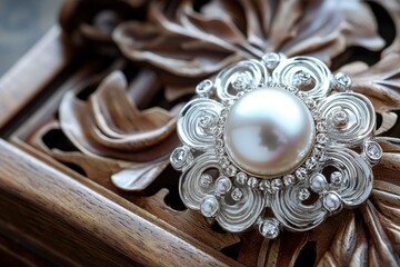 Sticker - A Pearl Brooch with Silver and Crystal Accents Resting on Ornate Wood