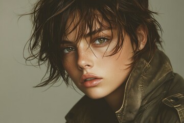 Wall Mural - Close-up Portrait of a Woman with Short Brown Hair and Green Eyes