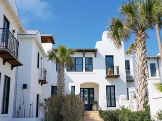 Medieval-inspired architecture in Alys Beach, Florida. Stone building with narrow windows, traditional roof style. Exterior view of residential house with door, windows. Europa-inspired design with