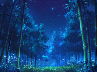 Wall Mural - Scenery of bamboo grove. Styled like an anime or game background. Blue sky, sunset, sunrise, night, fog, snow, rain, cloudiness, autumn leaves, etc.