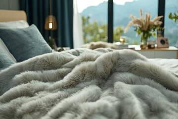 Sticker - Close-up of a Soft Gray Fur Blanket on a Bed