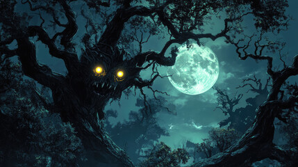 Wall Mural - An eerie dark forest illustration with gnarled, twisted trees and mysterious glowing eyes peering through the shadows, illuminated by the haunting light of a full moon.