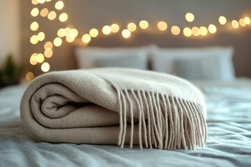 Wall Mural - Rolled Beige Blanket with Fringes on a Grey Bed with Blurred String Lights