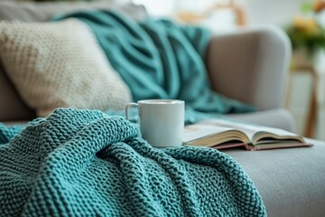 Wall Mural - A Cozy Couch with a Blanket, Mug, and Book