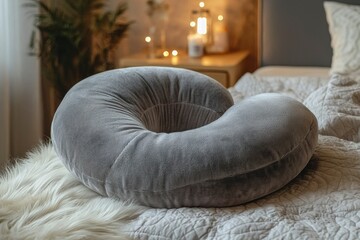 Wall Mural - Gray Corduroy Donut Pillow on a White Bed