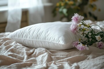 Sticker - White Pillow and Pink Flowers on a Wrinkled Bed