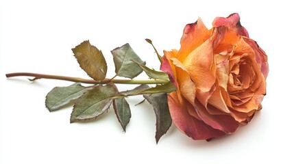 Sticker - A single withered orange rose with green leaves.