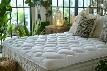 Sticker - Close-up of a White Mattress with a Quilted Top in a Luxurious Bedroom Setting