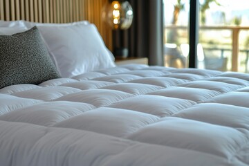 Sticker - A Close-Up View of a White, Quilted Bedspread with Pillows