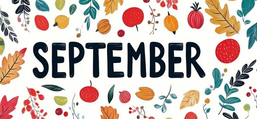 An elegant design of the word September adorned with colorful leaves and fruits on a bright background.