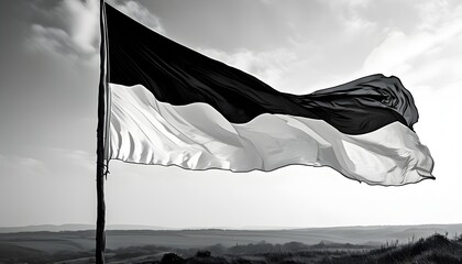 Wall Mural - Striking black and white flag in motion, representing strength and unity through minimalistic and powerful graphic imagery