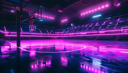 Wall Mural - Futuristic basketball court illuminated by vibrant purple neon lights