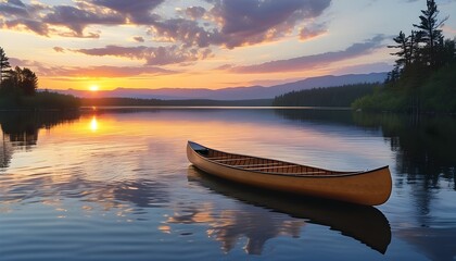 Wall Mural - Tranquil sunset over serene lake with a canoe gently floating in peaceful nature surroundings