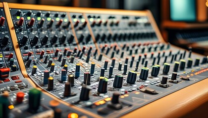 Intricate sound mixing console showcasing faders and buttons in a professional studio setting