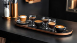 An artistic coffee presentation with a selection of espresso drinks, stylish cups, and a modern café setting.