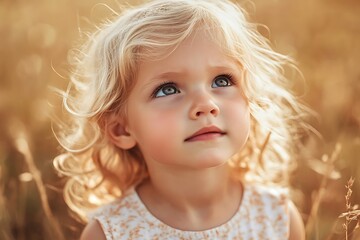 Wall Mural - Portrait of little blonde girl with big green eyes looking up, curious and thoughtful