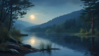 Wall Mural - Serene moonlit lake surrounded by tranquil forests in a peaceful natural setting