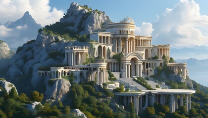 Wall Mural - Mythical Palace Ascending Mount Olympus in a Lush Fantasy Realm Created by Generative AI