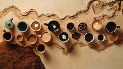 Wall Mural - An artistic coffee arrangement with a variety of coffee types, mugs, and a creative backdrop.