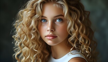 Wall Mural - Radiant portrait of a young girl with golden curls and striking blue eyes, embodying beauty and innocence