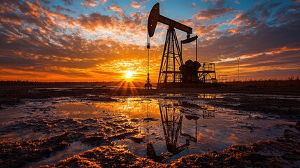 Oil pumpjack in operation at sunrise with reflection on water