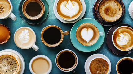 Wall Mural - An array of coffee cups and saucers with different blends, including espresso, cappuccino, and latte.