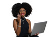 © Edson Souza - woman talking on cell phone holding laptop looking at camera, black woman
