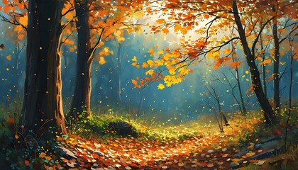 Wall Mural - Enchanting autumn forest with golden leaves and soft sunlight, inviting a celebration of seasonal beauty.