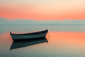 Wall Mural - Single Rowboat on a Calm Lake at Sunset with Pastel Pink, Blue and Orange Sky