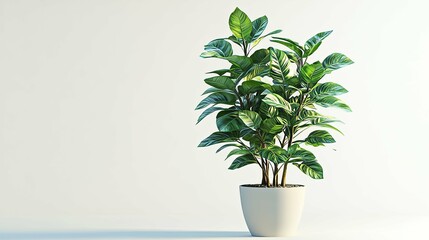 A potted green plant with large leaves against a white backdrop