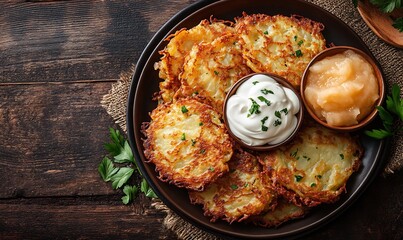 potato pancakes, served with sour cream and applesauce on a rustic plate