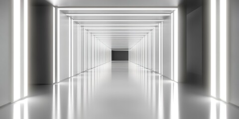 Sticker - White background 3D room light abstract space technology tunnel stage floor. Empty white future 3D neon background studio futuristic corridor render modern interior silver road black wall design gray 