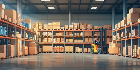 Poster - Warehouse with well-organized shelves and stacks of boxes and pallets. Employees are busy picking, packing and preparing goods for shipping. Forklifts and other 