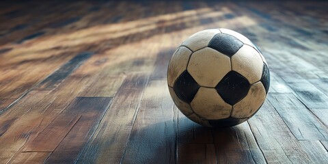 Wall Mural - vintage soccer ball on a wooden floor, photo realistic illustration