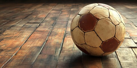 Wall Mural - vintage soccer ball on a wooden floor, photo realistic illustration 