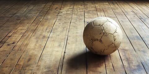 Wall Mural - vintage soccer ball on a wooden floor, photo realistic illustration 