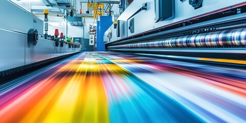 Poster - The production floor of a big digital printing company with large print machines printing packaging designs. copy space for text. 