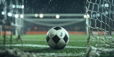 The moment of triumph captured as a soccer ball lands in the net, celebrating the precision of a well-placed goal 