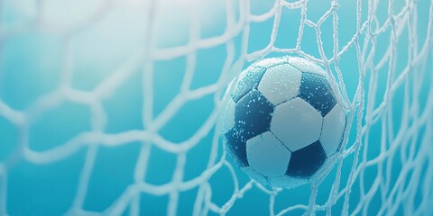 Wall Mural - Soccer ball in goal net with soft blue background.