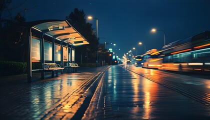 Poster - Nocturnal scene of an empty bus stop illuminated by the dynamic lights of a bus in motion