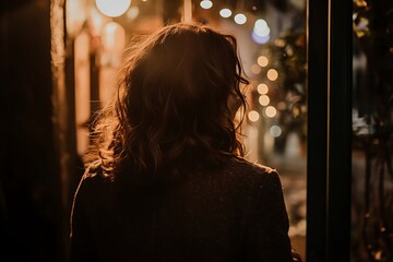 Poster - Silhouette of a Woman in City Lights, Mystery, Loneliness, and Urban Life Concept