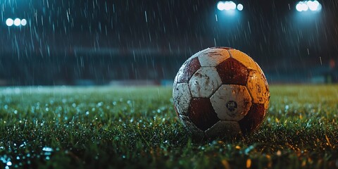 Wall Mural - Photos of a ball wet from the rain on the lawn of a football stadium at night 