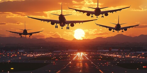 Canvas Print - Passenger planes and huge cargo airplanes take off, up over the take-off runway from the airport at sunset 