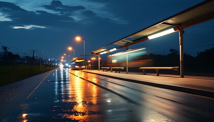 Wall Mural - Nocturnal scene of an empty bus stop illuminated by the dynamic lights of a bus in motion