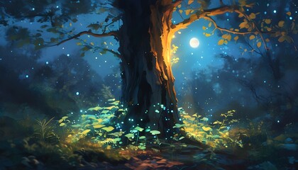 Ethereal forest illuminated by softly glowing tree bark under moonlight, showcasing the enchanting concept of bioluminescent flora.