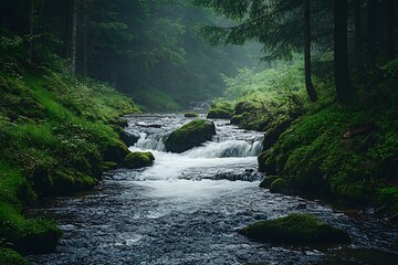 Sticker - Mystical Forest Stream Flowing Through Rocks and Green Moss with Fog and Sunlight