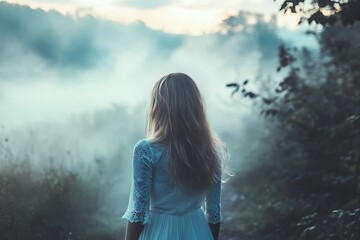 Poster - Woman in a white dress looking out at a misty forest landscape